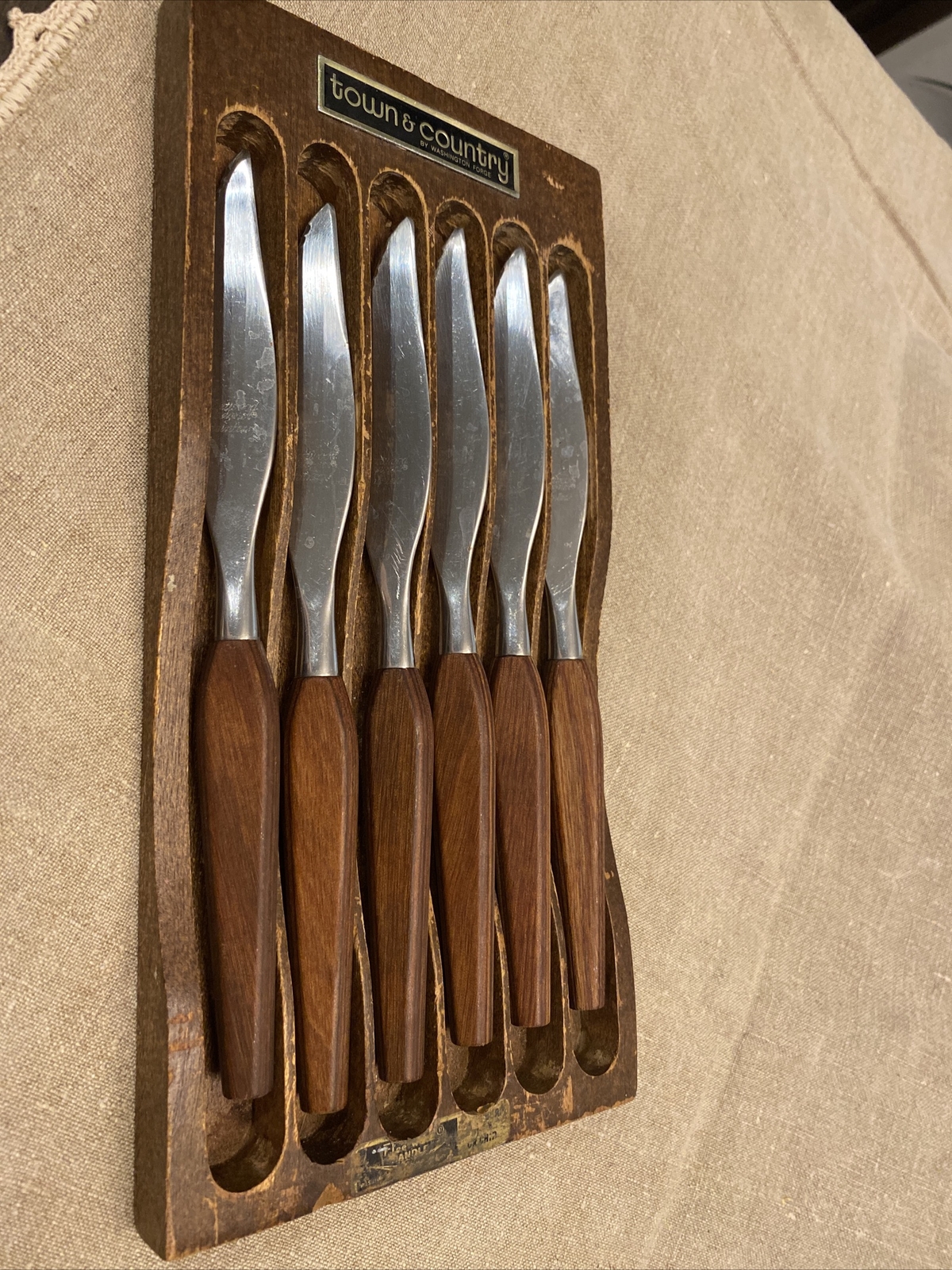 Fleetwood Designer Stainless Teak Wood Steak Knives Set of 6 Danish MCM w/ Tray
