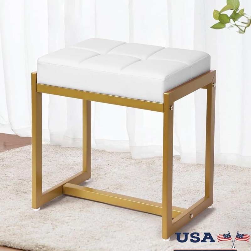 Vanity Stool Makeup Chair Ottoman W/ Gold Metal Legs Bedroom Living Room New