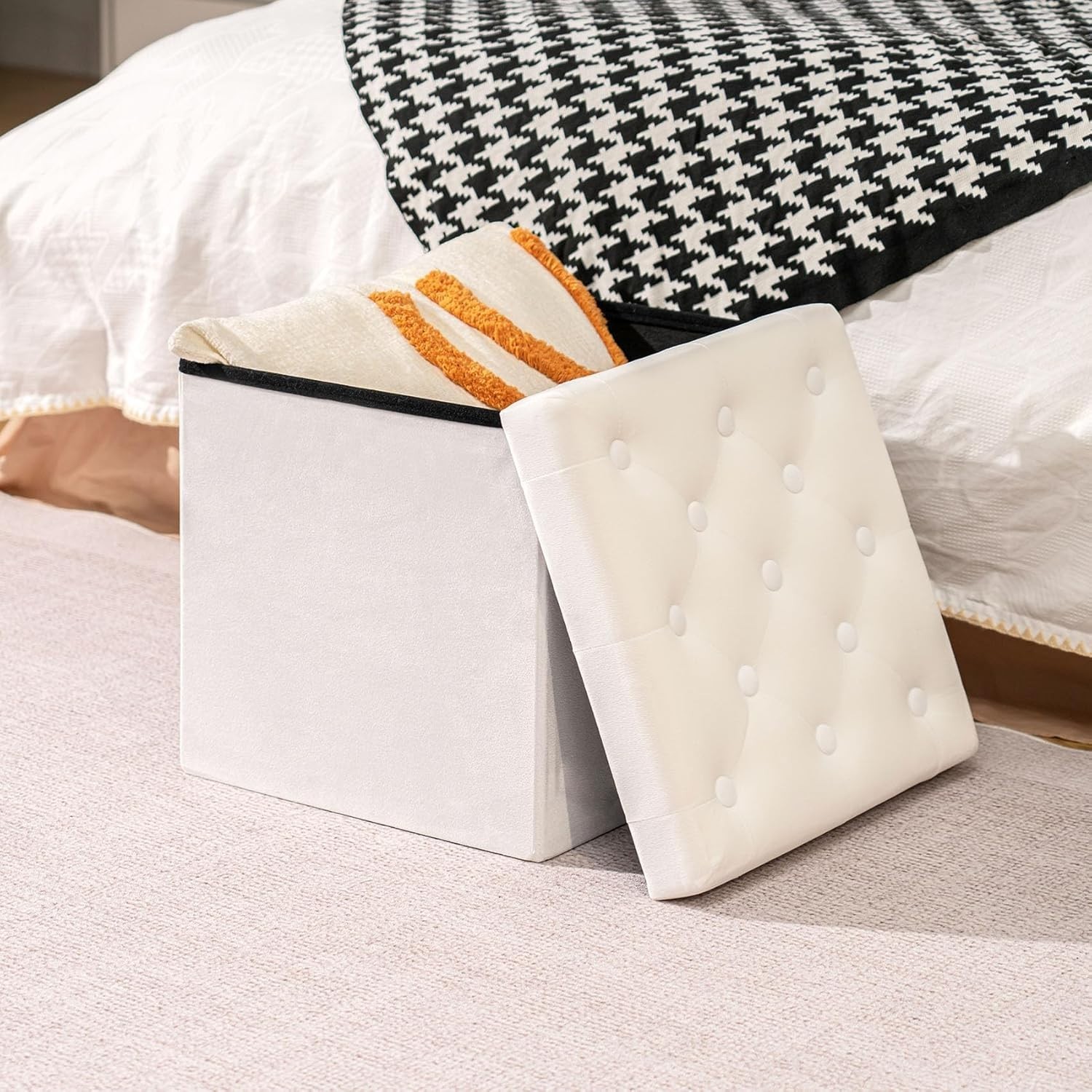 Storage Ottoman Velvet Tufted Folding Ottomans Footstool Rest Seat with Remov...