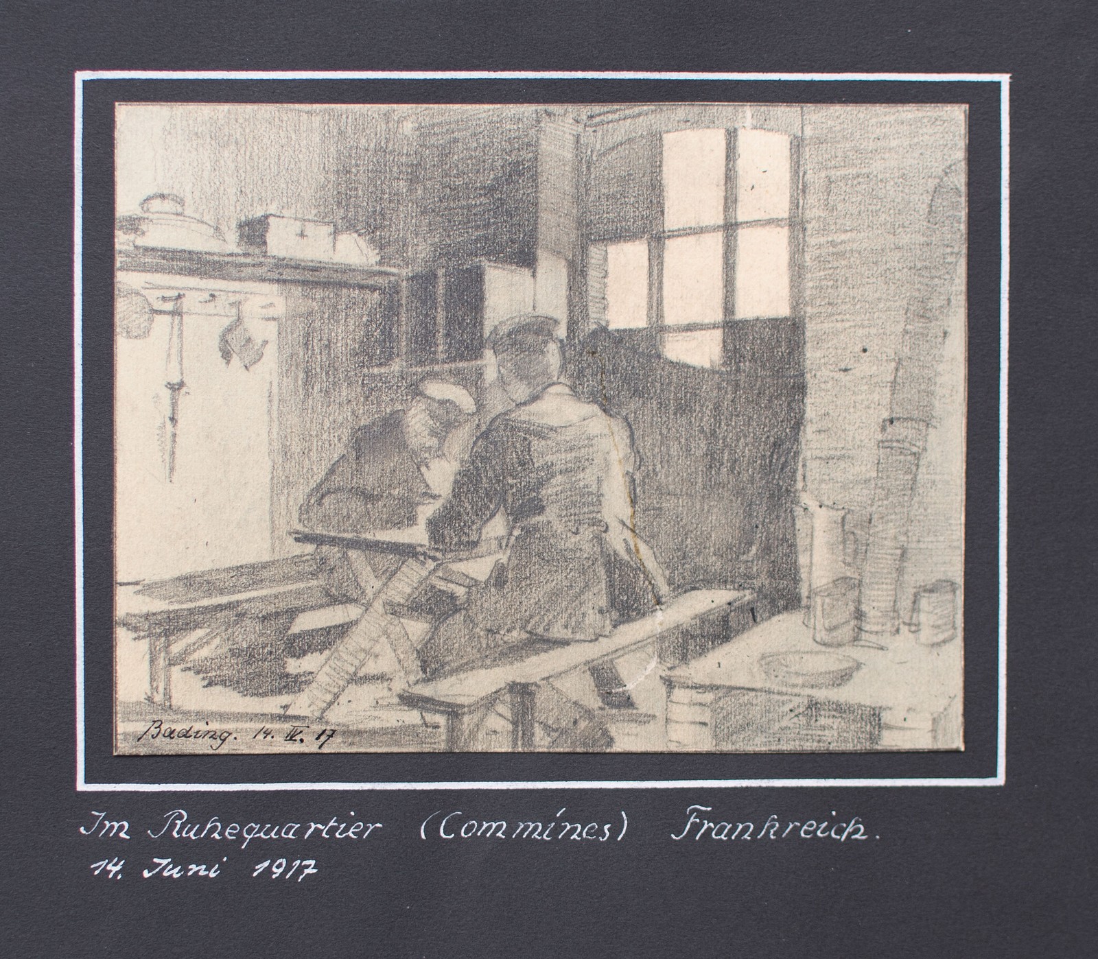 France Comines Soldiers WWII Bading Signed Unique Drawing 1917