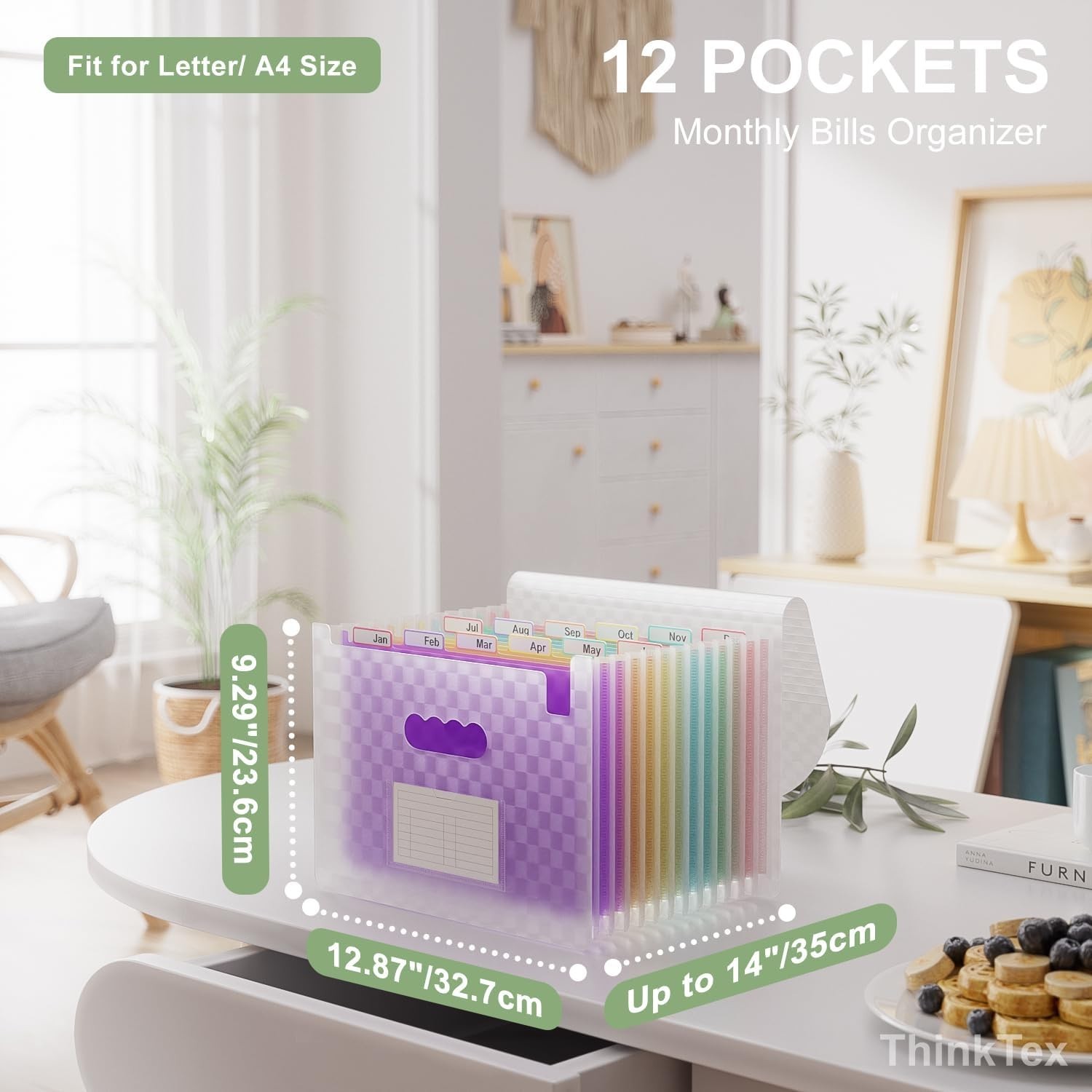 Durable 12-Pocket Accordion Document Organizer - Purple with Smart Lock Feature
