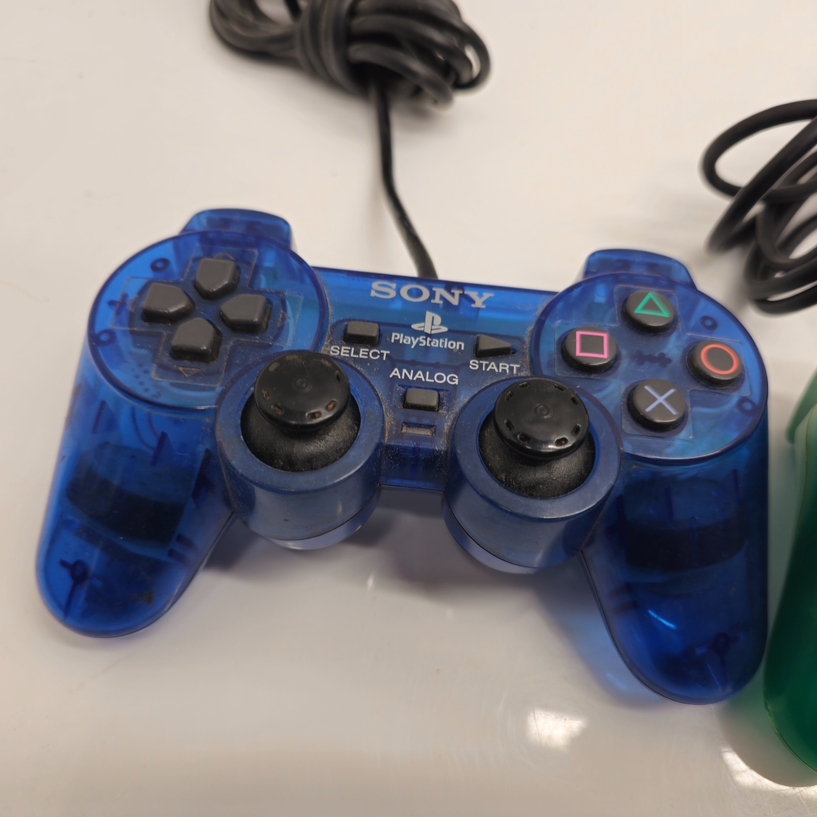 Sony SCPH-10010 Analog Controller Set Transparent Blue Green PS2 OEM Missing Cap