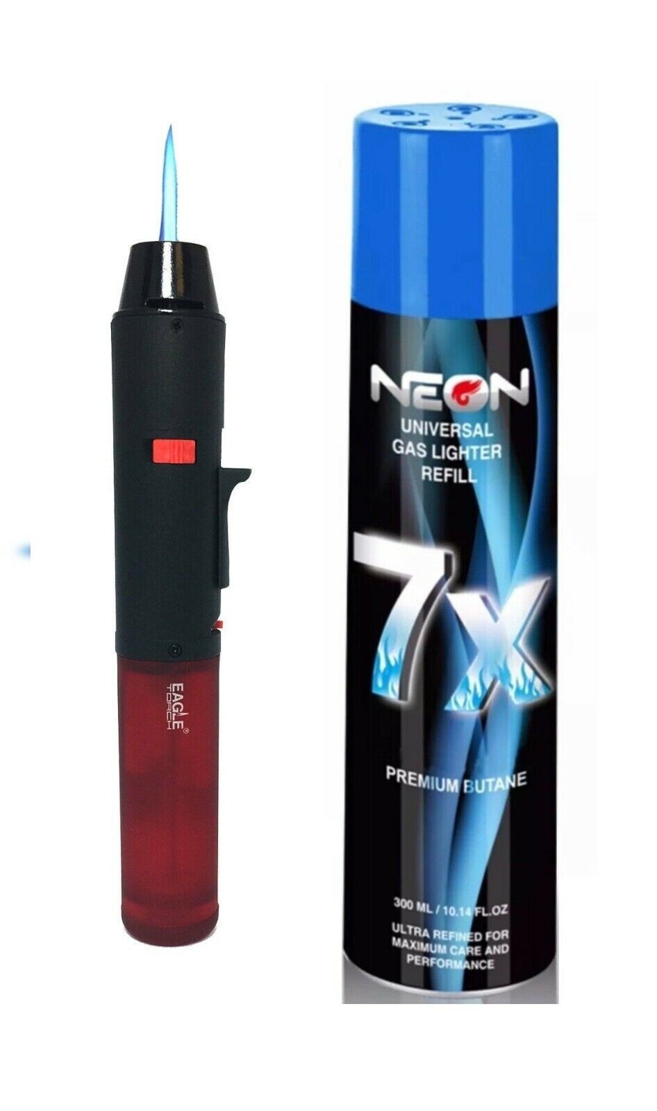 Eagle Windproof PEN Torch Lighter W Neon 7X Refined Butane Lighter Refill 300mL