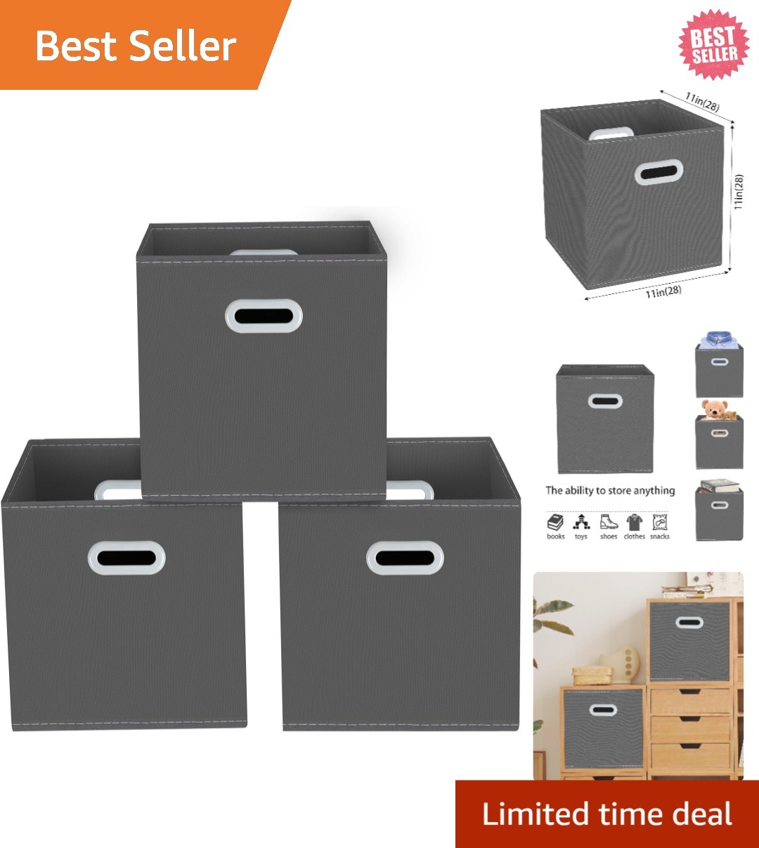 Elegant Foldable Gray Storage Bins with Handles - 3 Pack for Home Organization