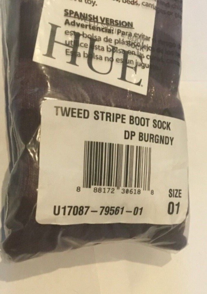 NEW HUE 2 pack pair boot sock - burgundy , stripe and black , Size 01 NWT KR3