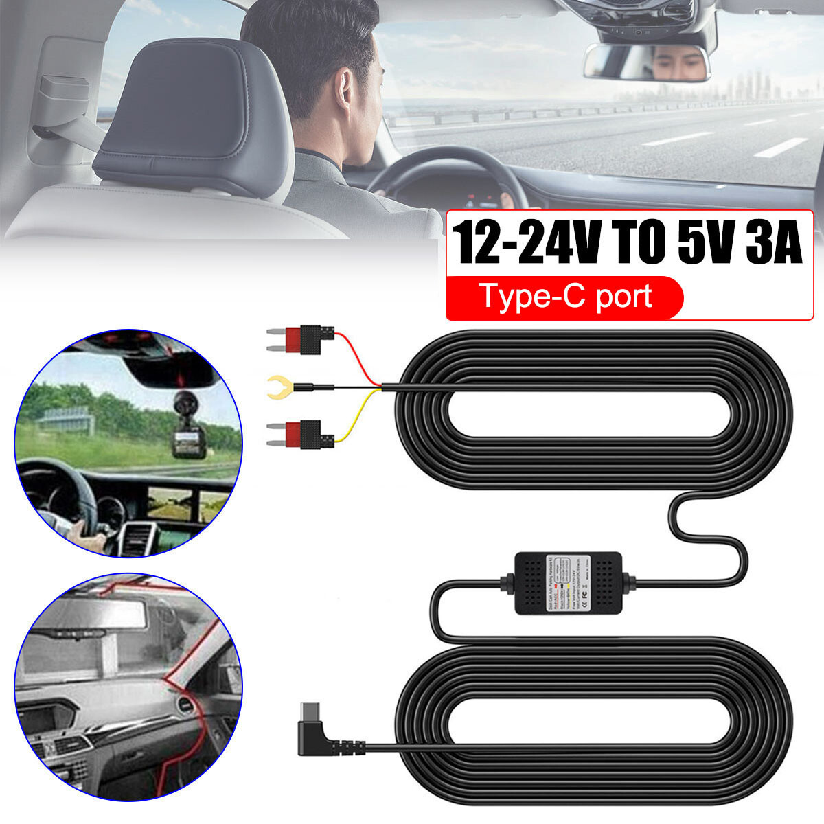 Car Dash Cam Hardwire Kit For Fuse 12-24V to 5V/3A Type C Port Hard Wire Cable