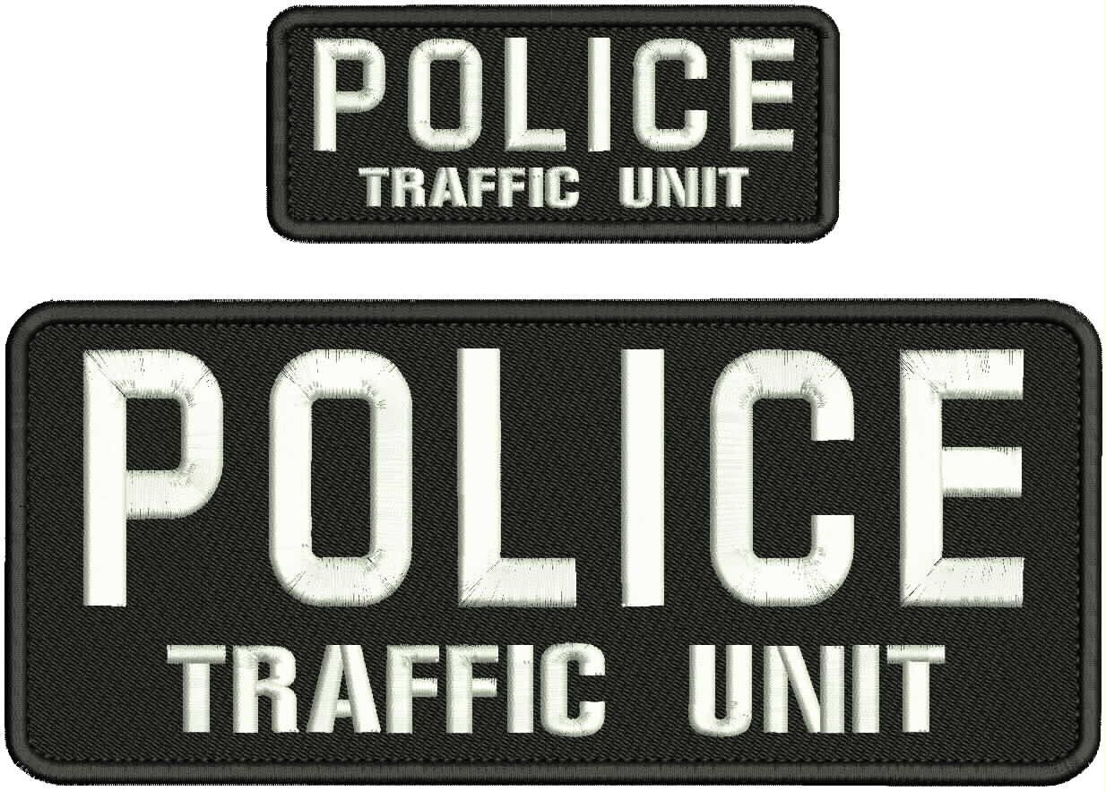 POLICE TRAFFIC UNIT EMBROIDERY PATCHES 4X10 AND 2X5 HOOK ON BACK  WHITE ON BLACK