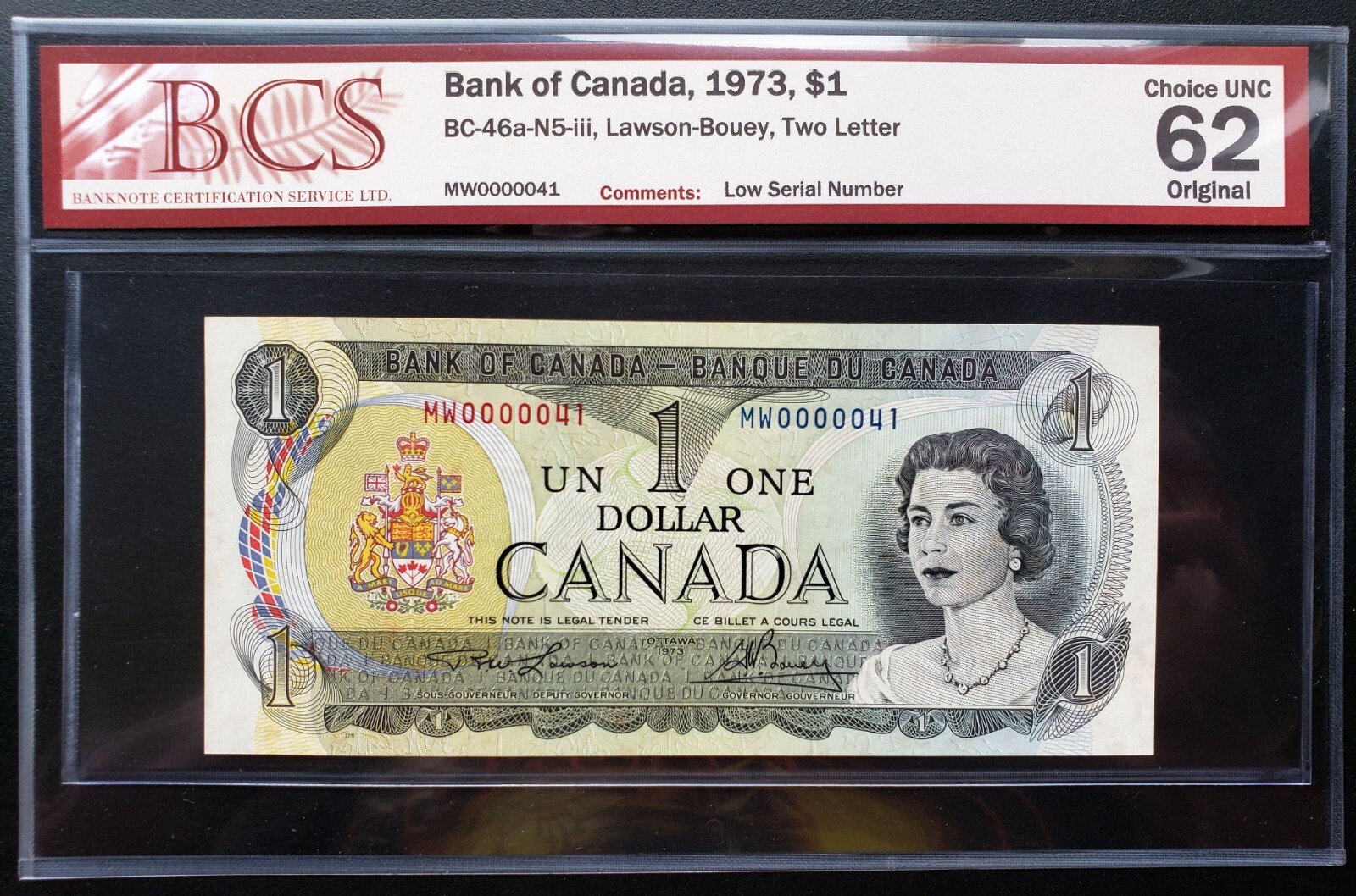 1973 Bank of Canada $1 Lawson & Bouey Low Serial # MW0000041 BCS CH.UNC62 BC-46a