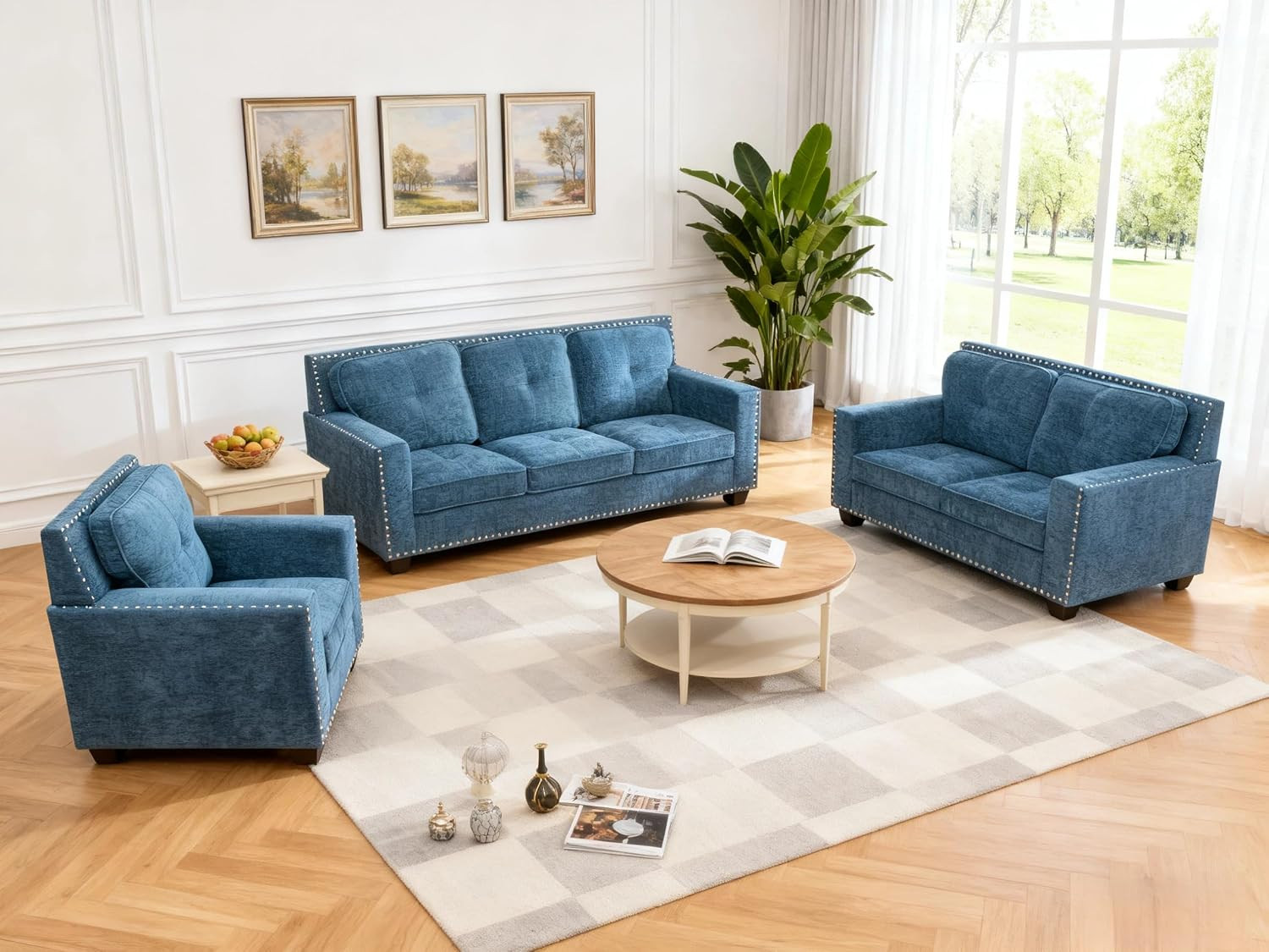 Sofa and Loveseat Set, Linen Living Room Set with Nailhead Trim, 3 Piece Living