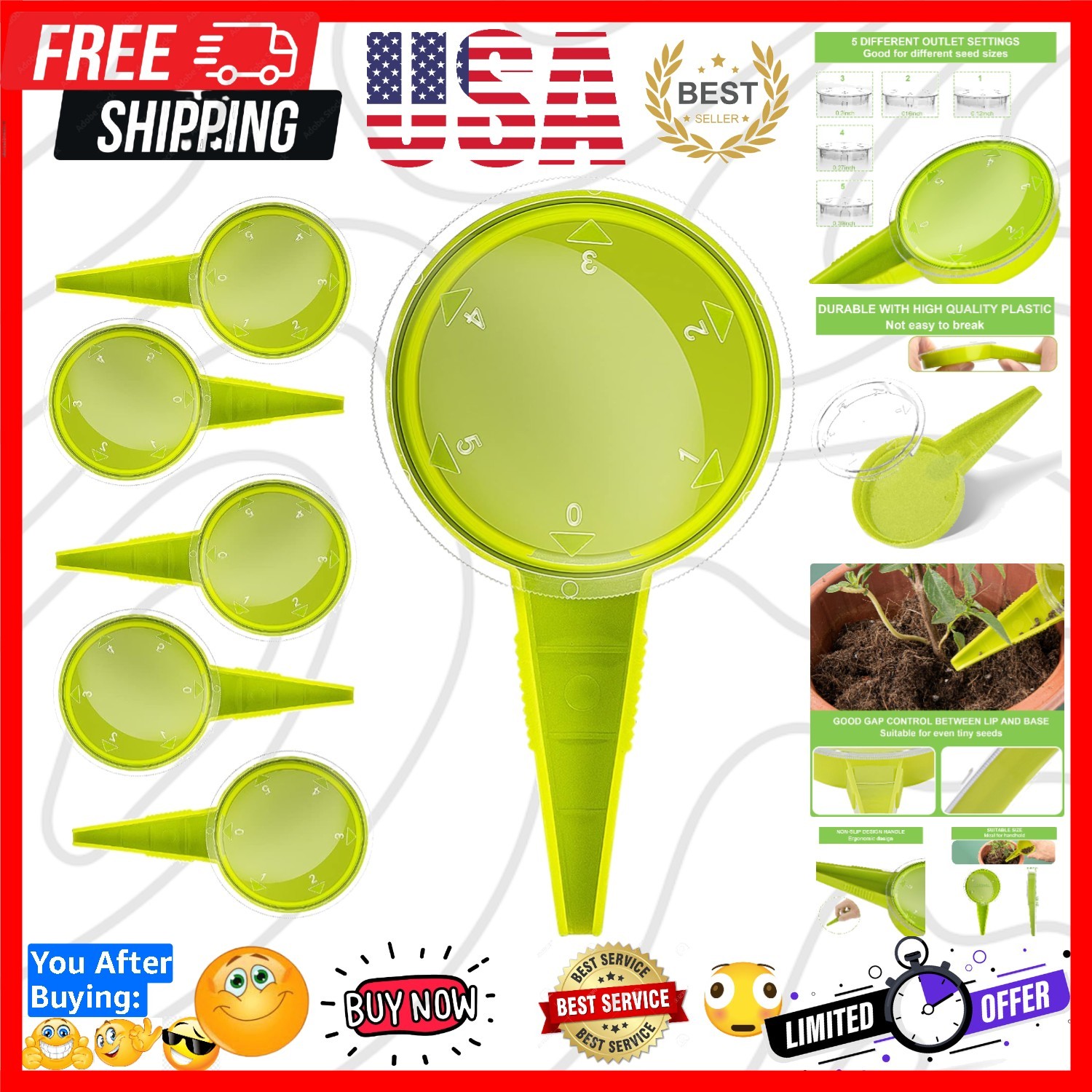 Handheld Seed Dispenser – 6 Pack Garden Seeder with 5 Dial Settings, Light Green
