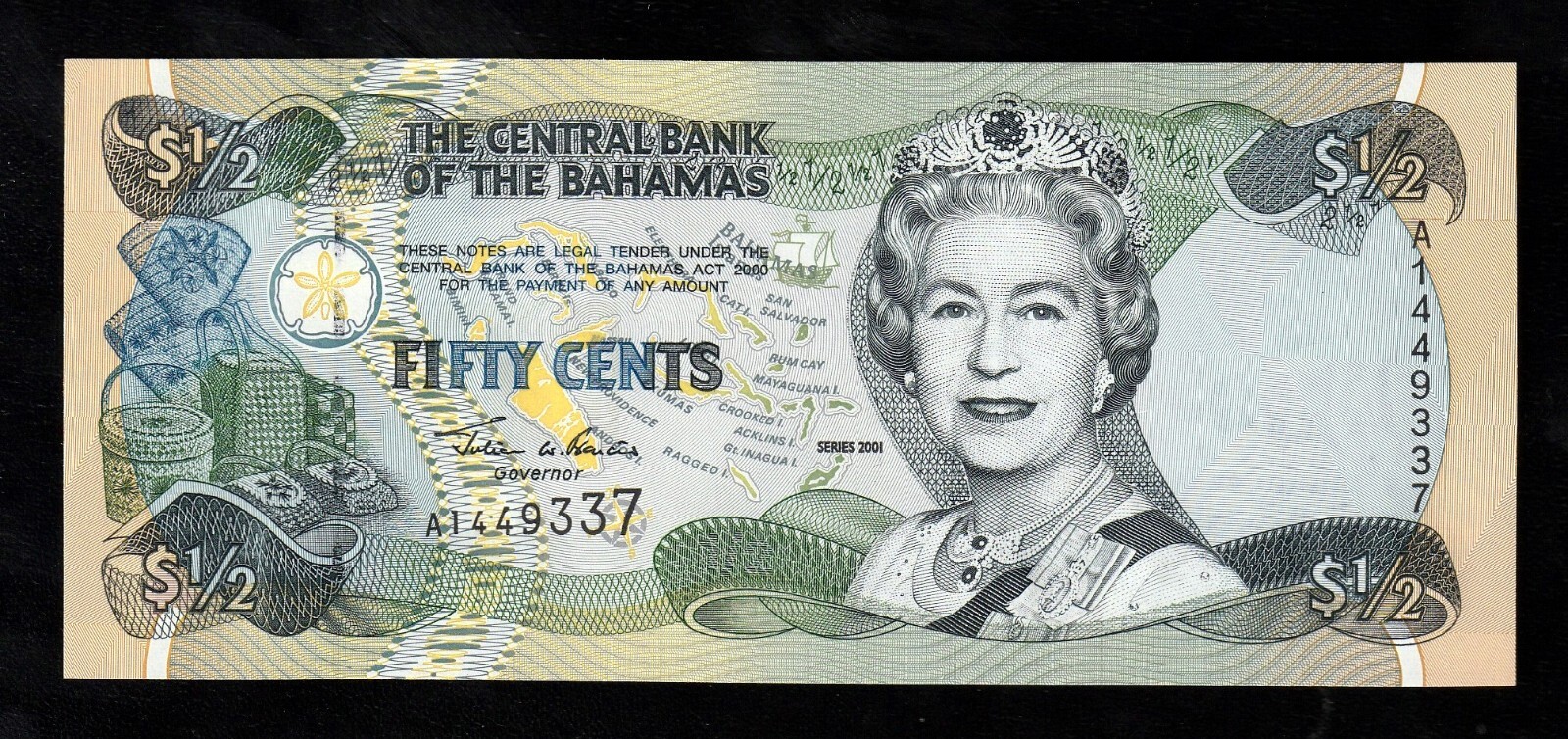 🇧🇸 BAHAMAS Half (1/2) $ Dollar, 2001, P-68, Queen Elizabeth II, UNC **