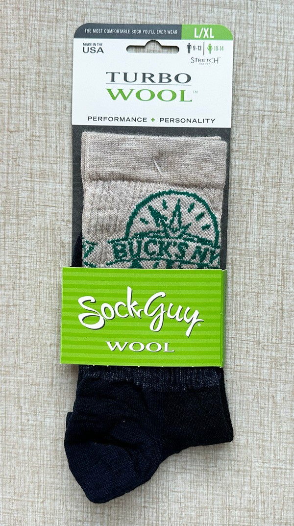 Sock Guy Wool Socks ~ Size L/XL~ Bike Shop Logo, Treeline at Cuff