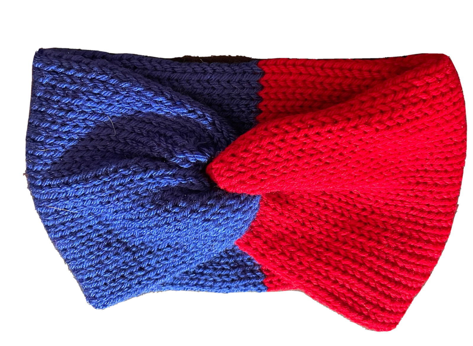 HANDMADE KNITTED TWISTED EAR WARMER. COLORS BLUE & RED