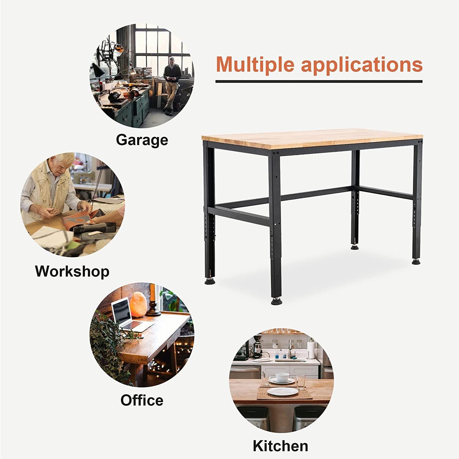 Mcombo 48" Adjustable Workbench with Oak Wood Top, Overall Steel Frame Worktable