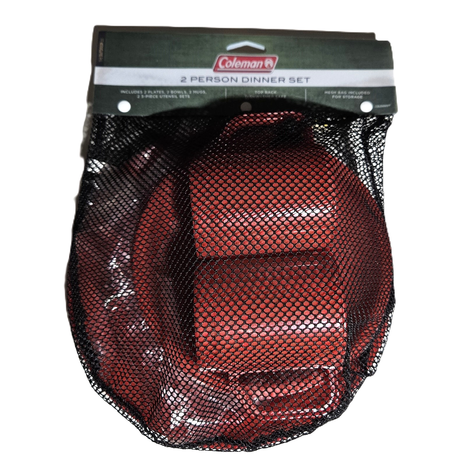 Coleman 2 Person Camping Red Dinner Set w/Mesh Store Bag Plastic Plates 2010 NEW