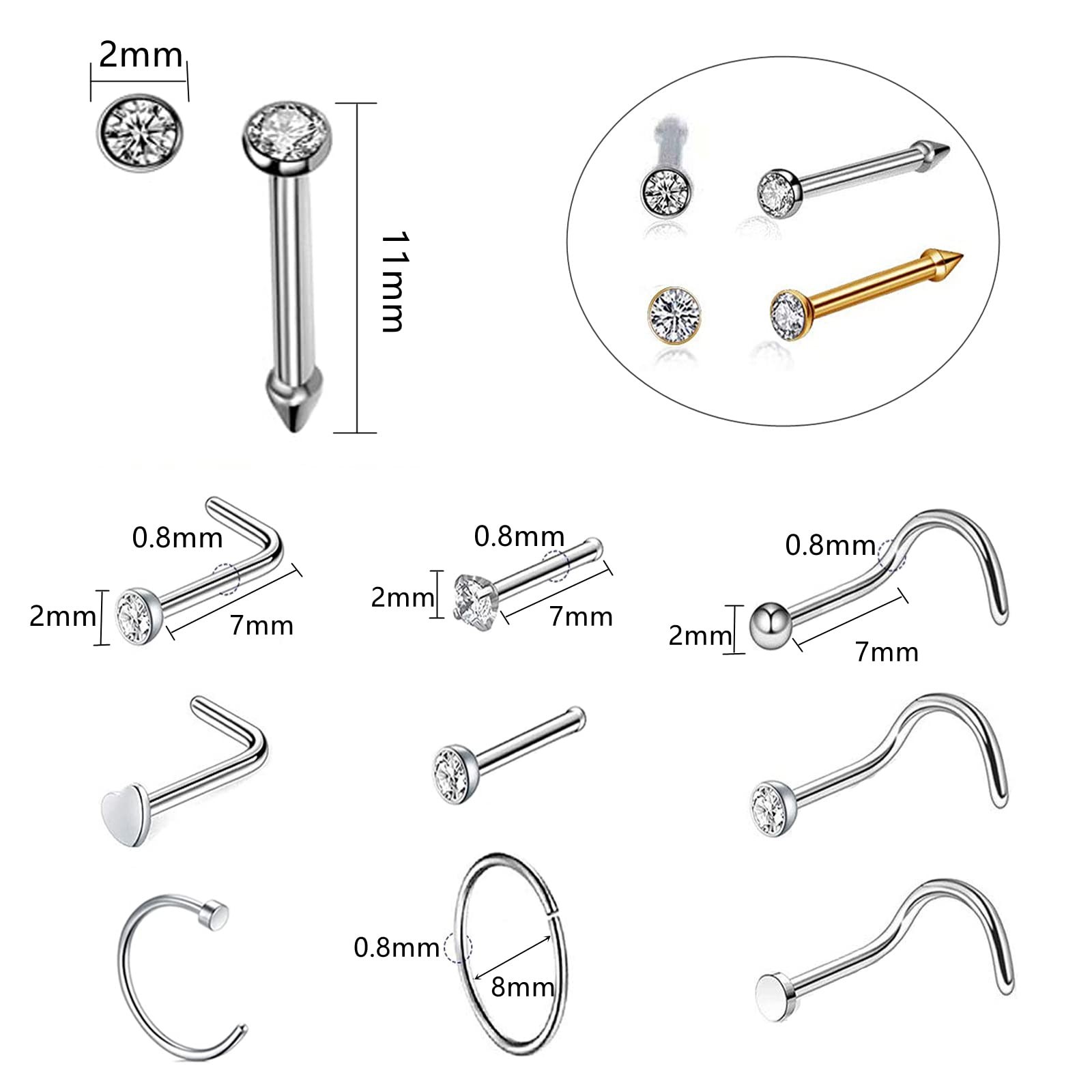 Nose Piercing Gun - 2 Pack Safety Disposable Percinging Kit 2 mm, silver