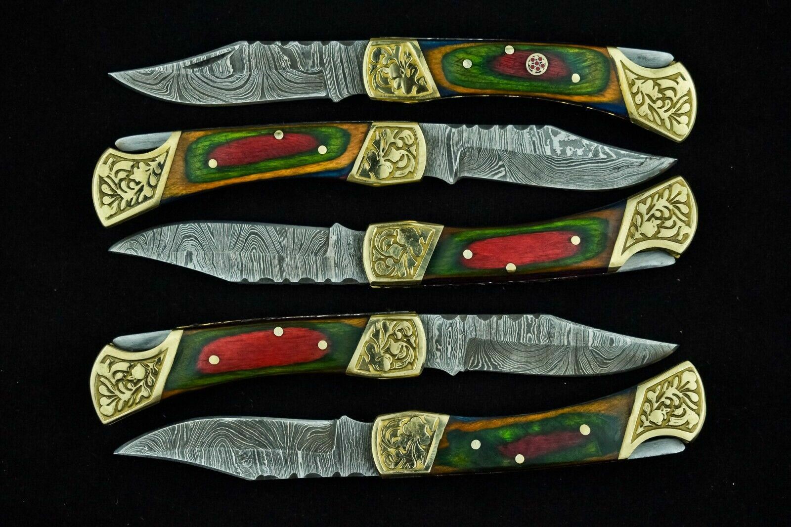 Lot of 5 HAND FORGED DAMASCUS Steel Folding Lock back Pocket Knife with Sheath