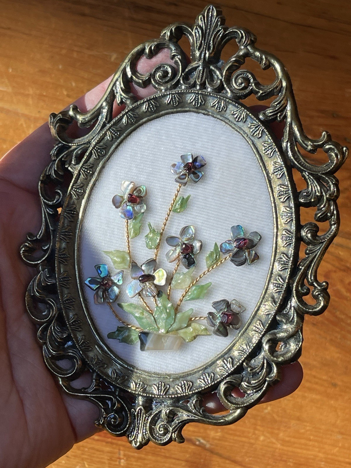 Bev Carroll  Fish Scale With Garnet Center Flowers on Cream Velvet w/metal Frame