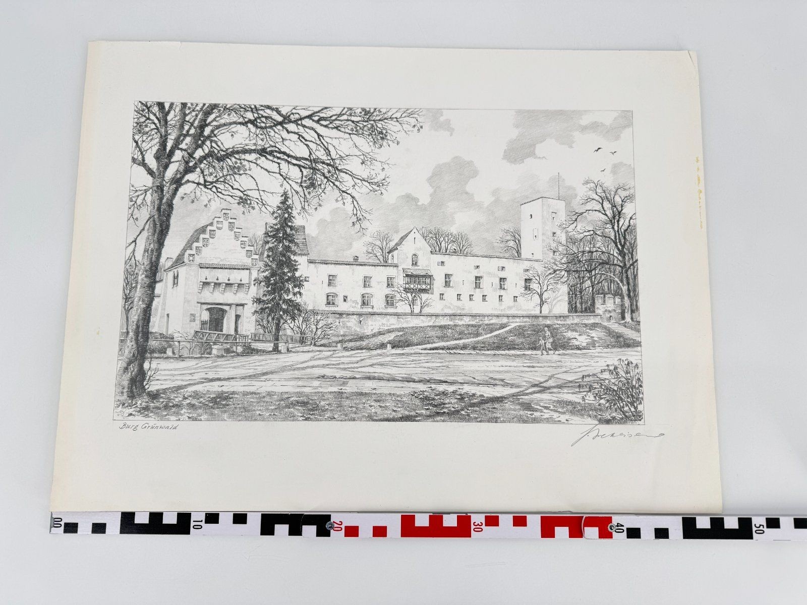 * HEINZ WEHLISCH DRAWING CASTLE GRÜNWALD MUNICH VIEW SIGNED