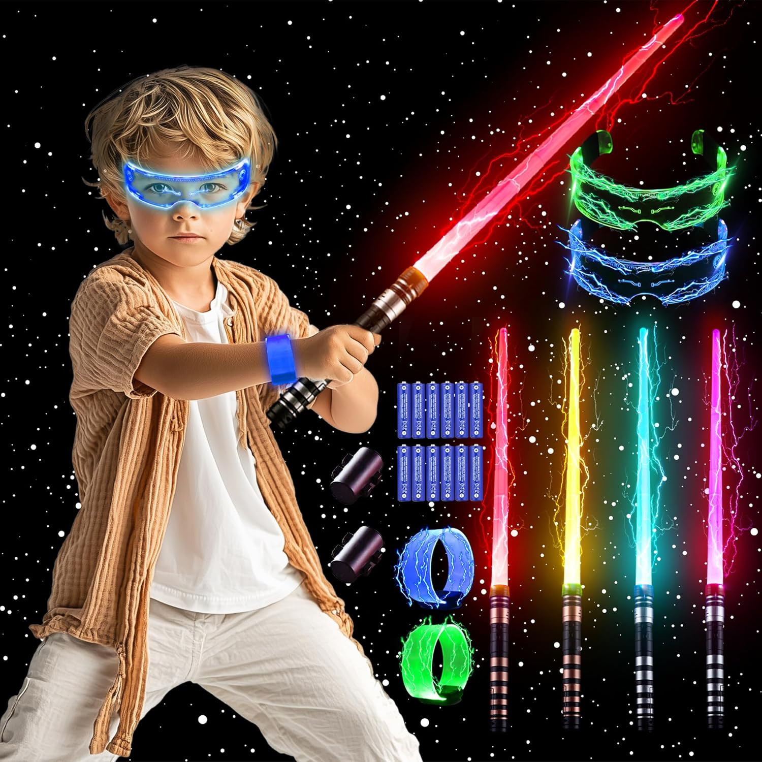 Light up Sabers Set for Kids - 4 Pack 7 Colors Retractable Power Swords with FX