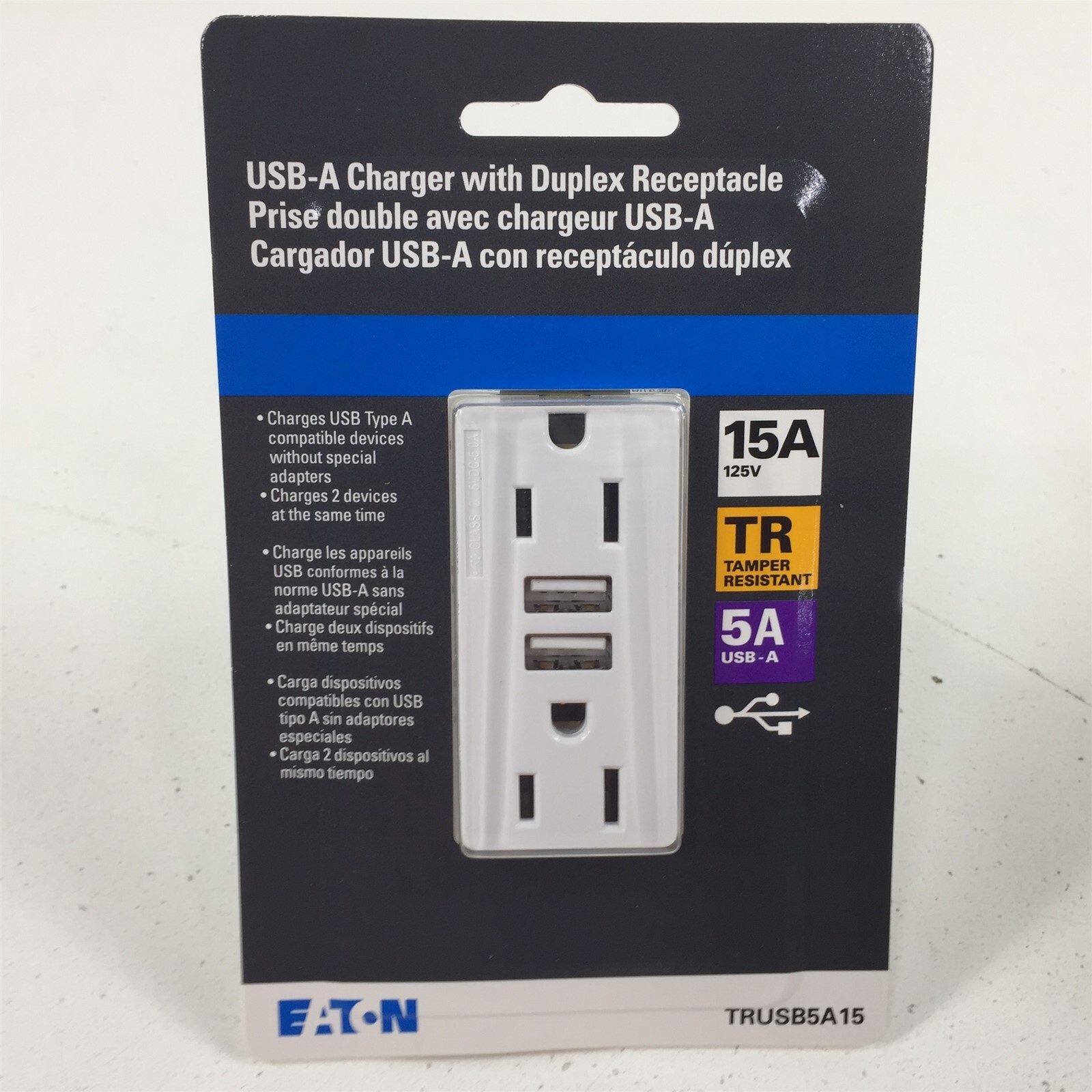 Eaton TRUSB5A15W-KB-LW USB Dual Type A Duplex Decora Receptacle White 1614068