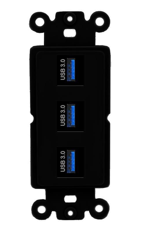 [3 Ports] 3 USB-3 Rocker Wall Plate Black