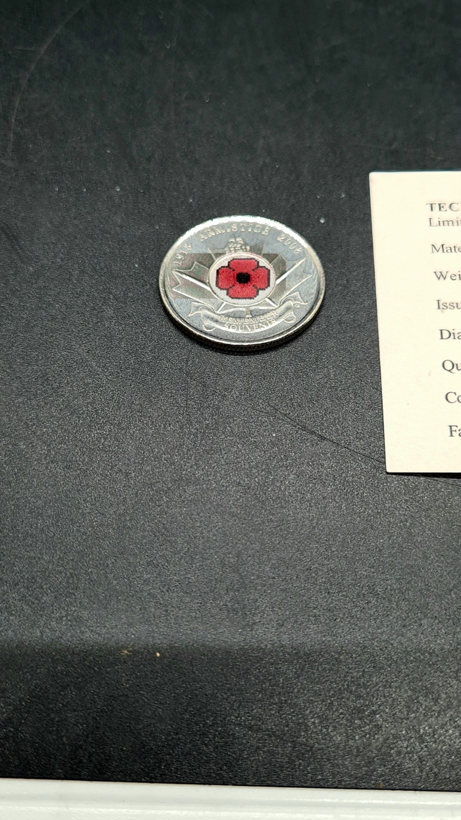 Canada Poppy Quarter Coin 2008 - Remember Armistice & COA.