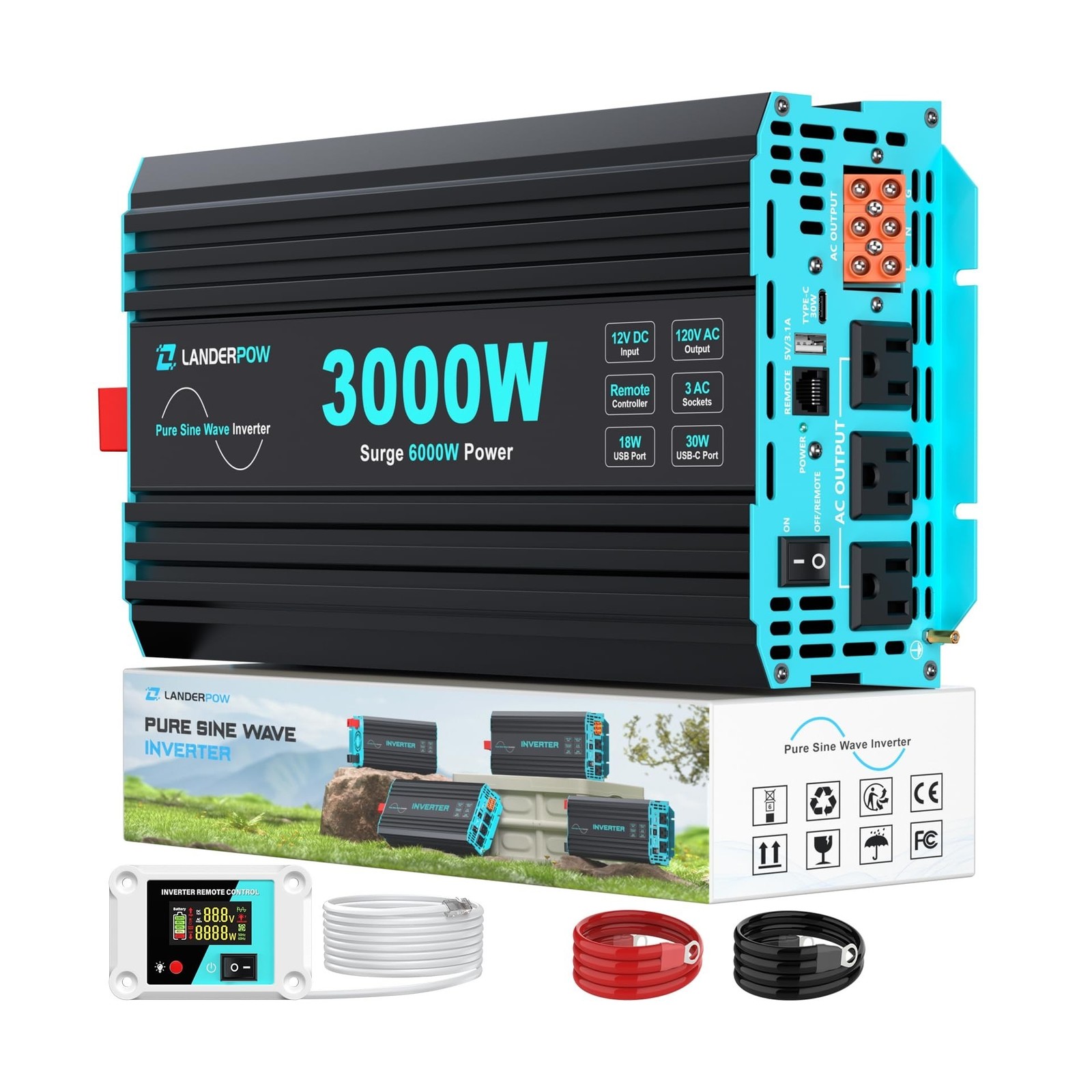 LANDERPOW 3000 Watt Pure Sine Wave Inverter 12V DC to 120V AC for RV, Truck, ...