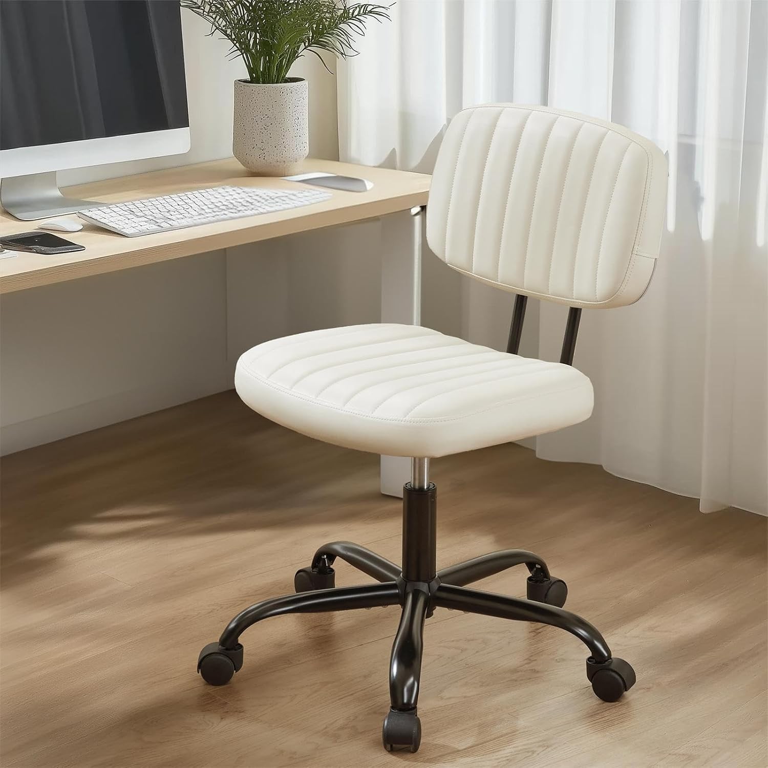 Small Office Desk Chair Armless PU Leather W/ Comfy Lumbar Support Height
