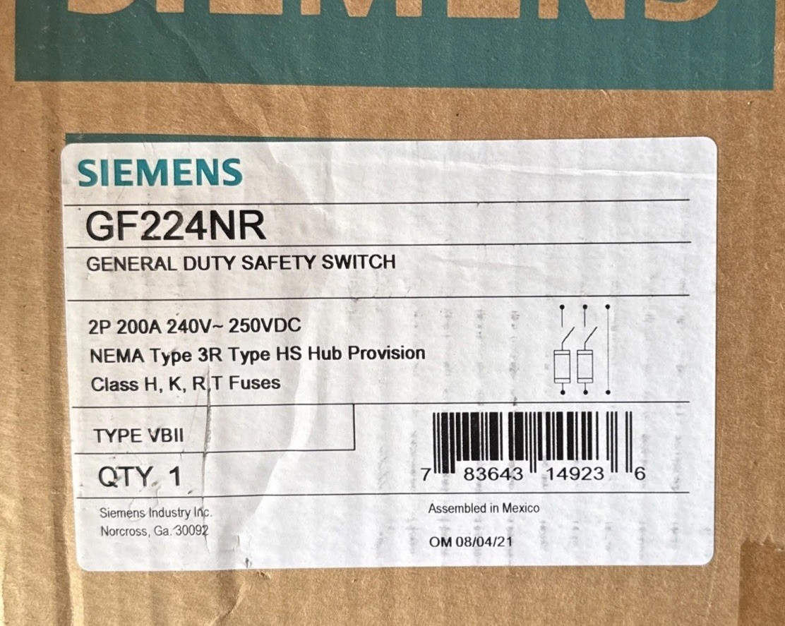 NEW Siemens GF224NR 200a 240v Fusible 3R Safety Switch New In Box