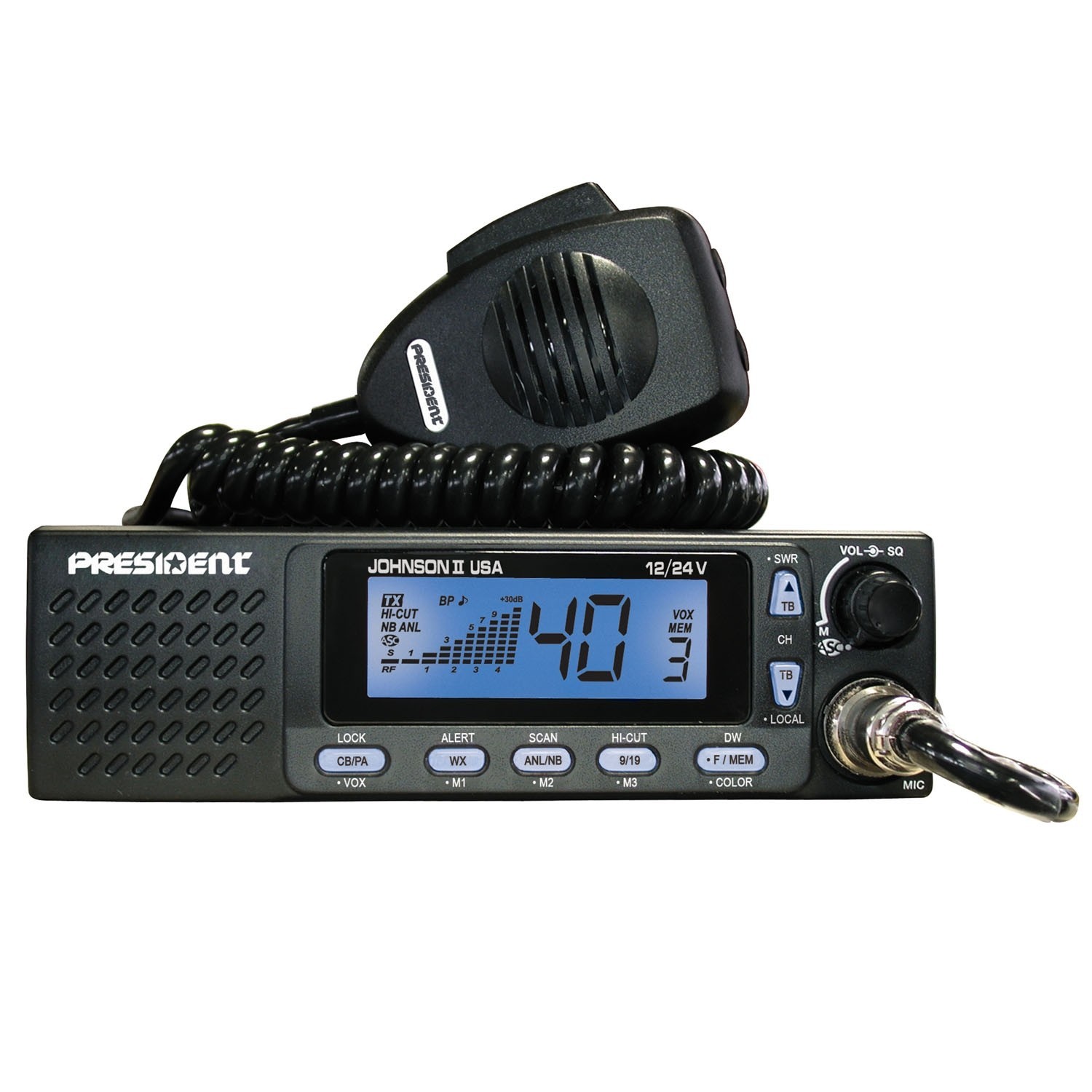 PRESIDENT 12-24VDC MOBILE CB RADIO WITH SELECTABLE 3-COLOR FRONT PANEL,LCD