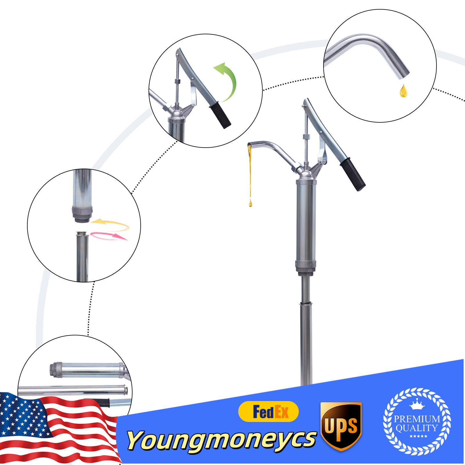 Manual Fuel Oil Barrel Pump w/Telescopic Suction Tube For 30-55 Gallon Drums