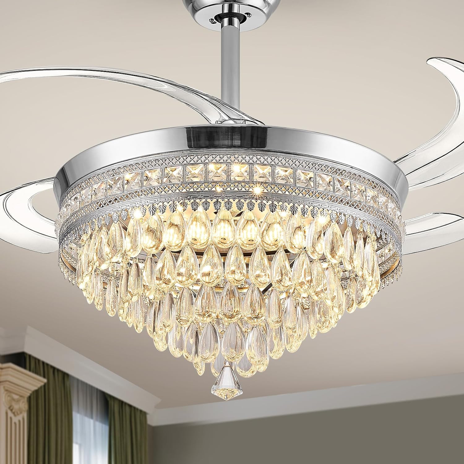 Sleek 42" Bluetooth Chandelier Ceiling Fan with Remote & Dimmable LED, White