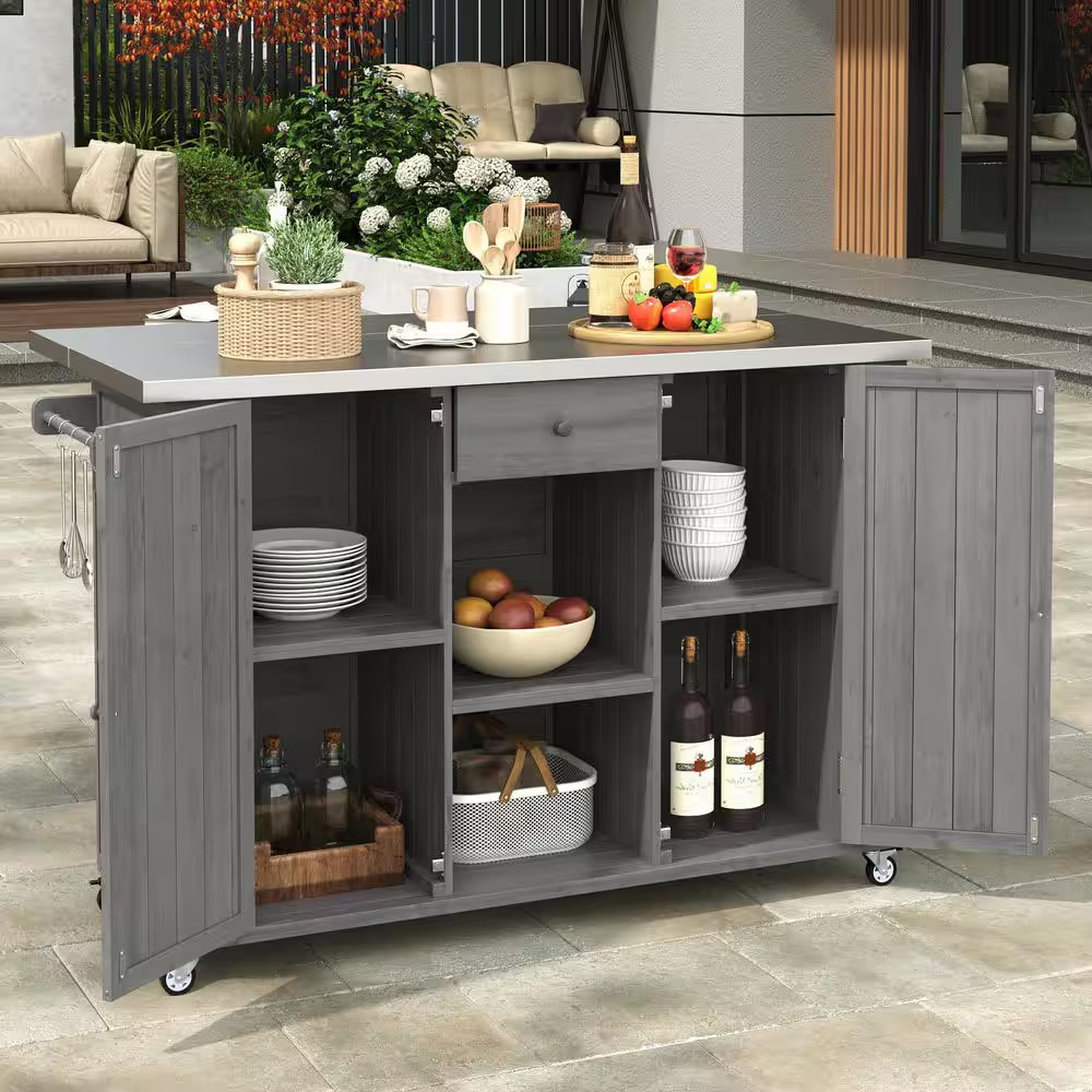Outdoor Kitchen Island Fir Wood Kitchen Island with Stainless Steel Top, Towel a