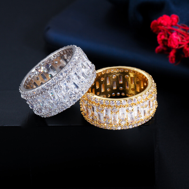 Gold Plated Engagement Wide Band Rings Women Shiny Cubic Zirconia Bridal Jewelry
