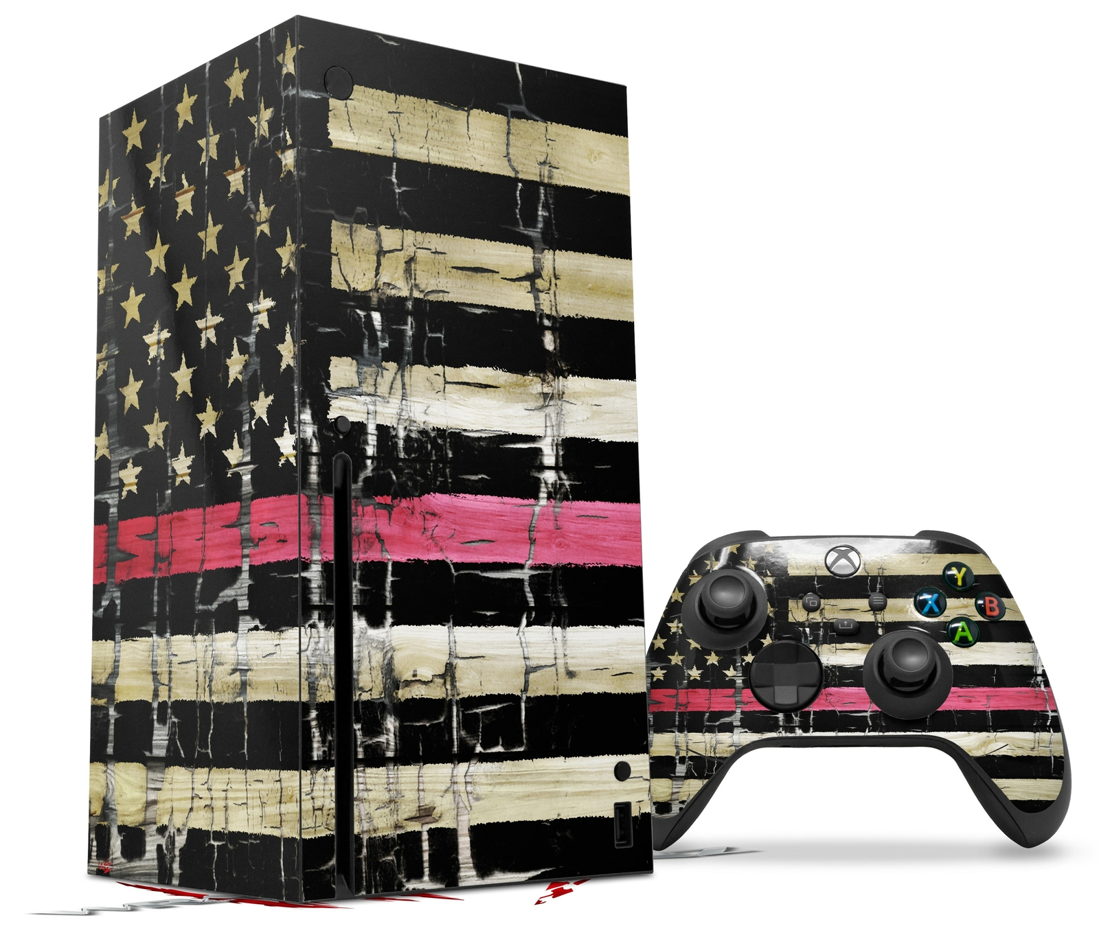 Skin Set for XBOX Series X Painted Faded and Cracked Pink Line USA American Flag