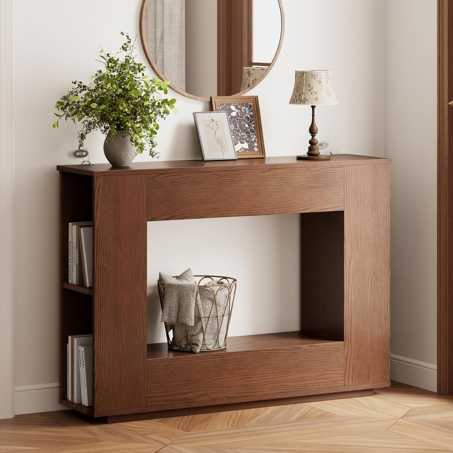 Walnut Console Table with Storage, 47.2" W Farmhouse Entryway Table, Long Sofa T