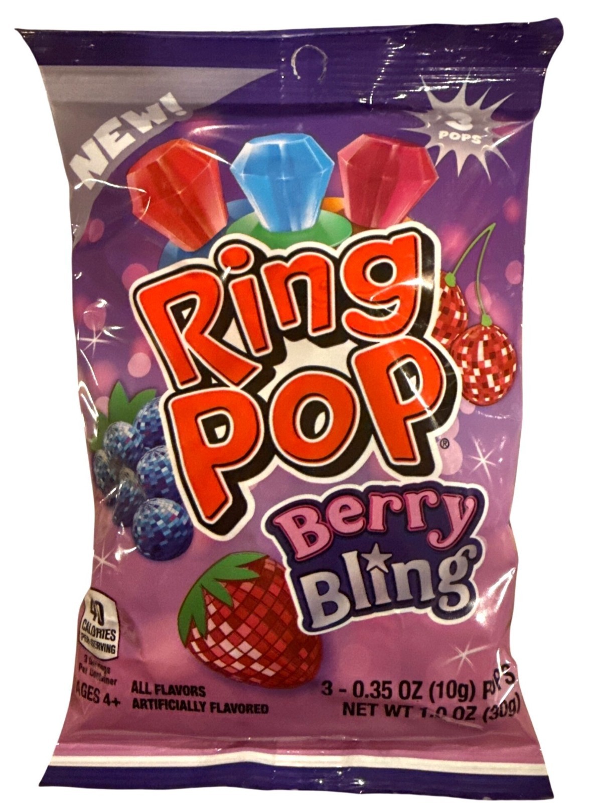 1oz/3ct Ring Pop BERRY BLING Wearable Candy Strawberry +Blue Raspberry +Cherry