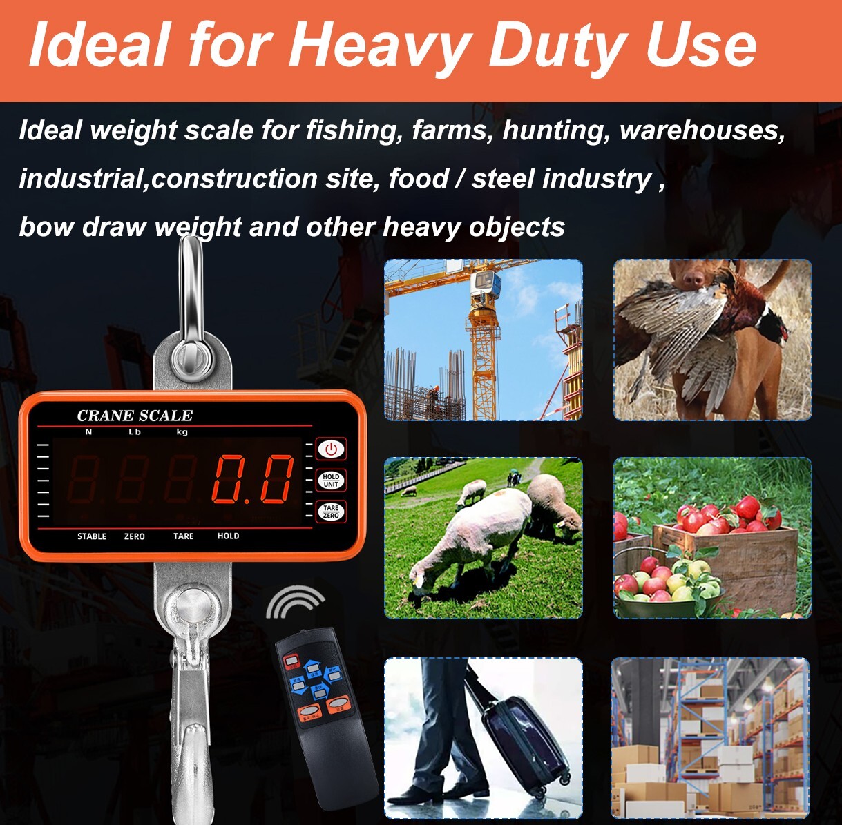 2200lbs/1000kgs Digital Hanging Scale Industrial Heavy Duty Crane Tare Function