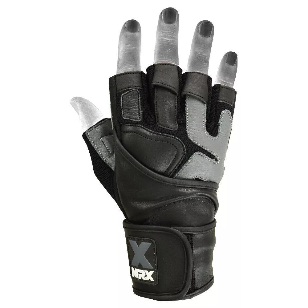 MRX Weight Lifting Leather Gloves with Long Wrist Strap Gym Workout, Training