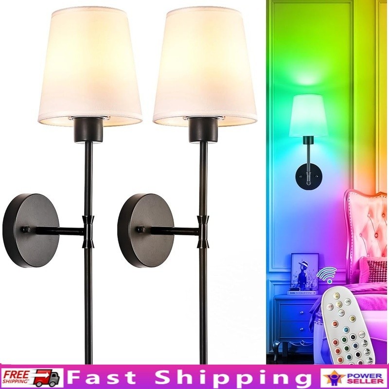 Wireless Wall Sconces Set of 2 Battery Operated Dimmable LED W/ Remote Timer New