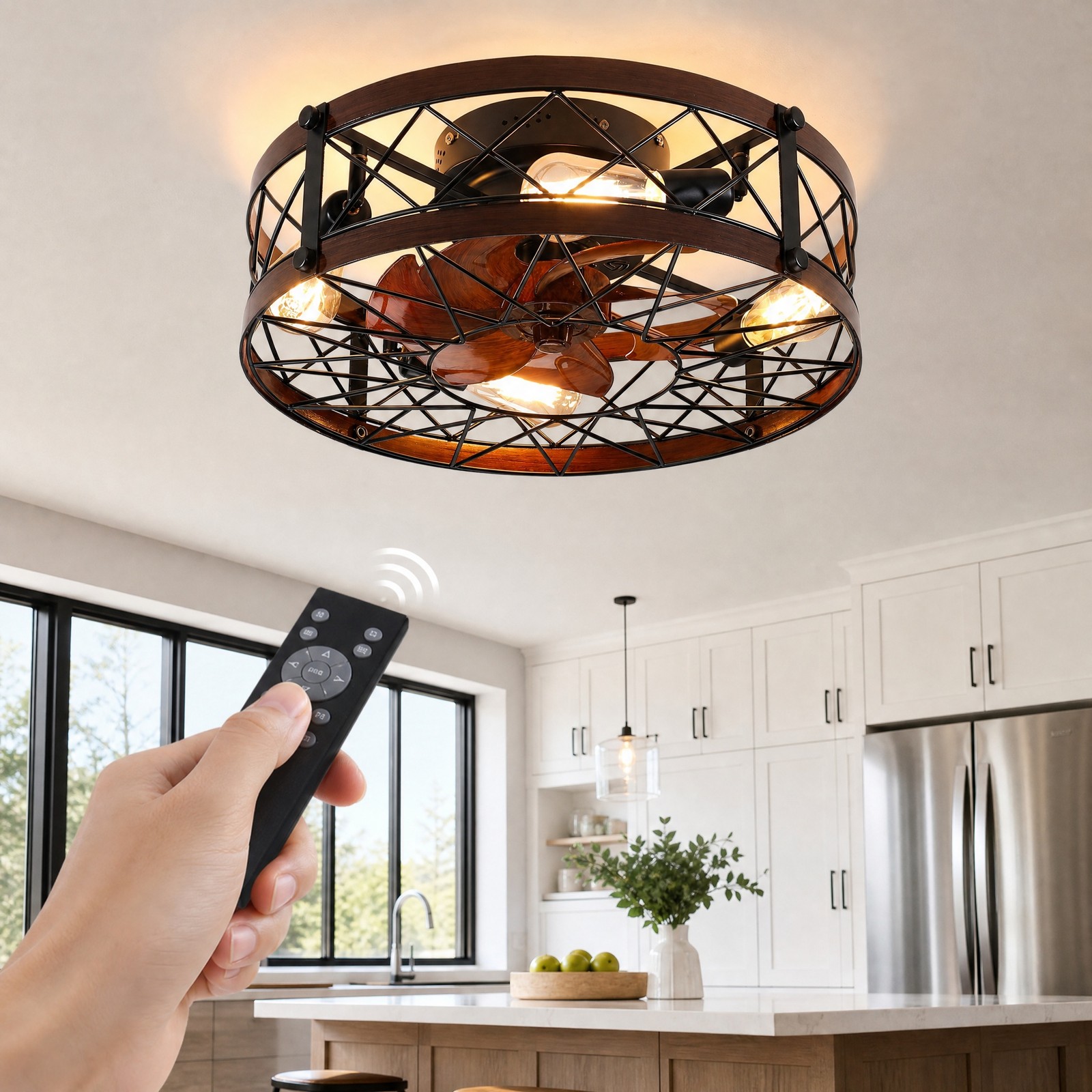 20 inch Rustic Black Caged LED Ceiling Fan with Light Flush Mount Remote Control