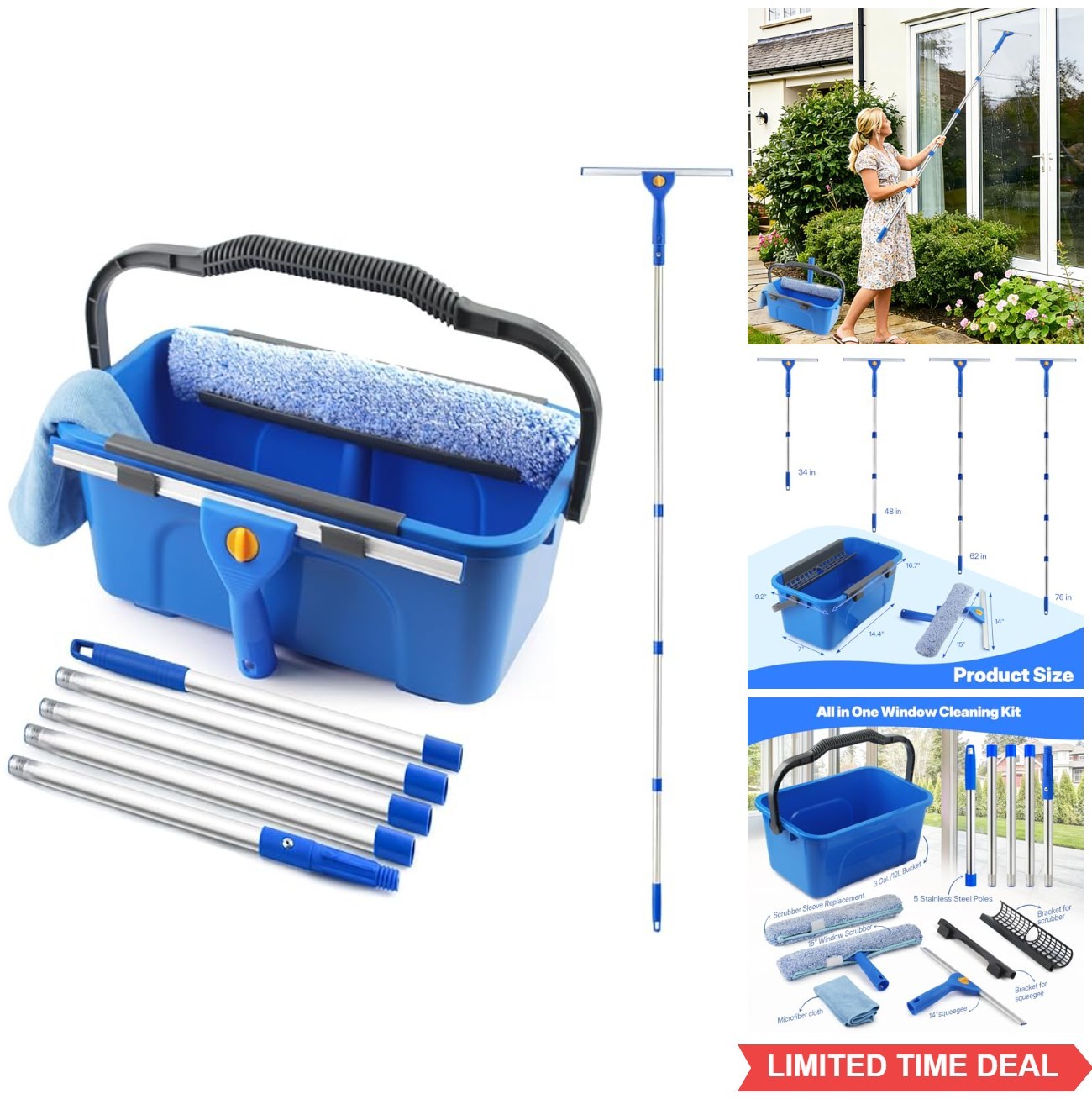 Window Cleaning Kit 3 Gallon Bucket 76 Inch Telescoping Pole Squeegee Scrubber
