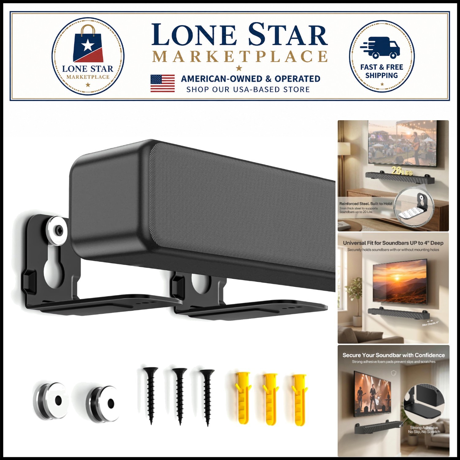 Non-Slip Soundbar Wall Mount - Heavy Duty Under TV Bracket for 4" Deep Soundbars