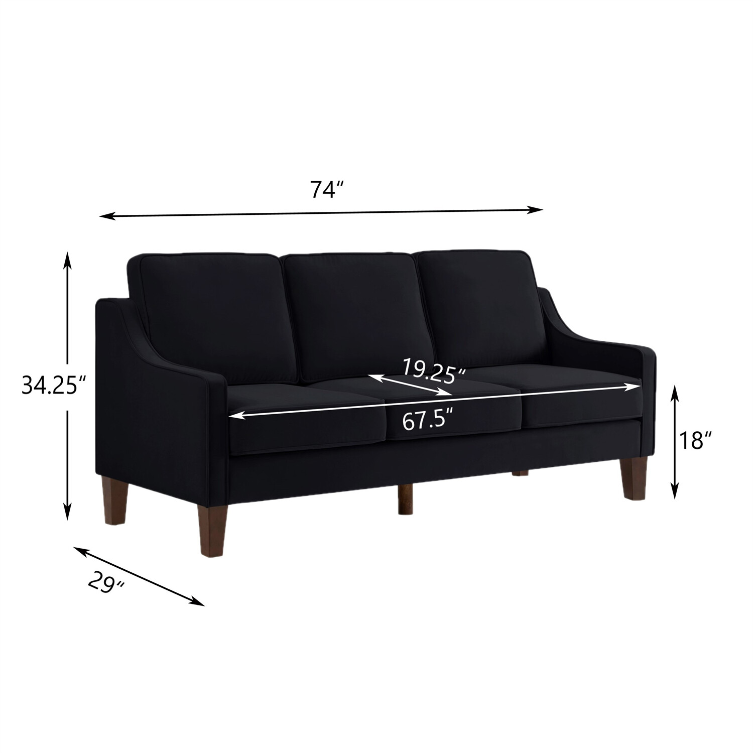 3-Seater Upholstered Sofa Couch Loveseat Sofa Modern Living Room Sofa Black