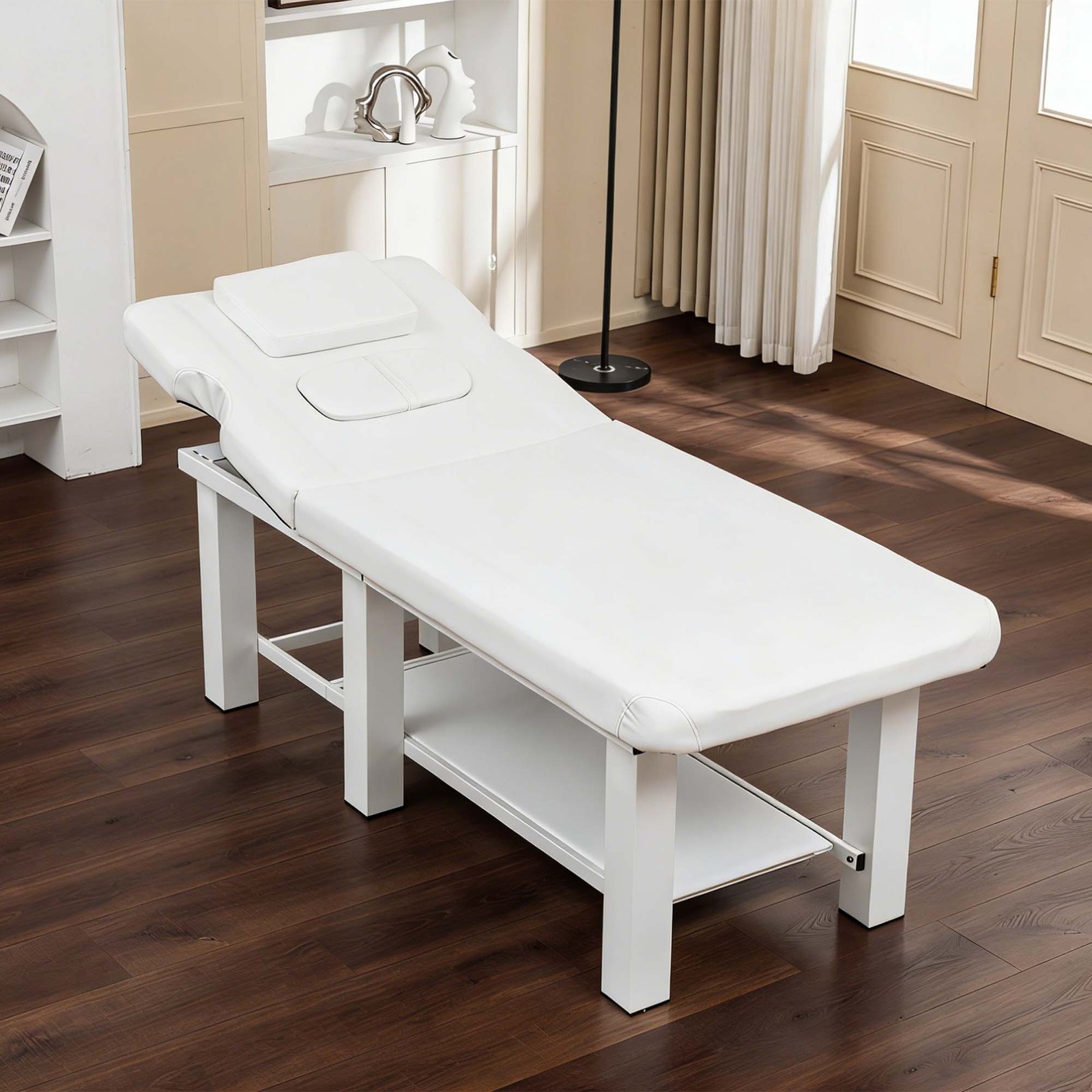 Adjustable Massage Table 0-15° Reclining, White PU Leather, 330 lbs Capacity