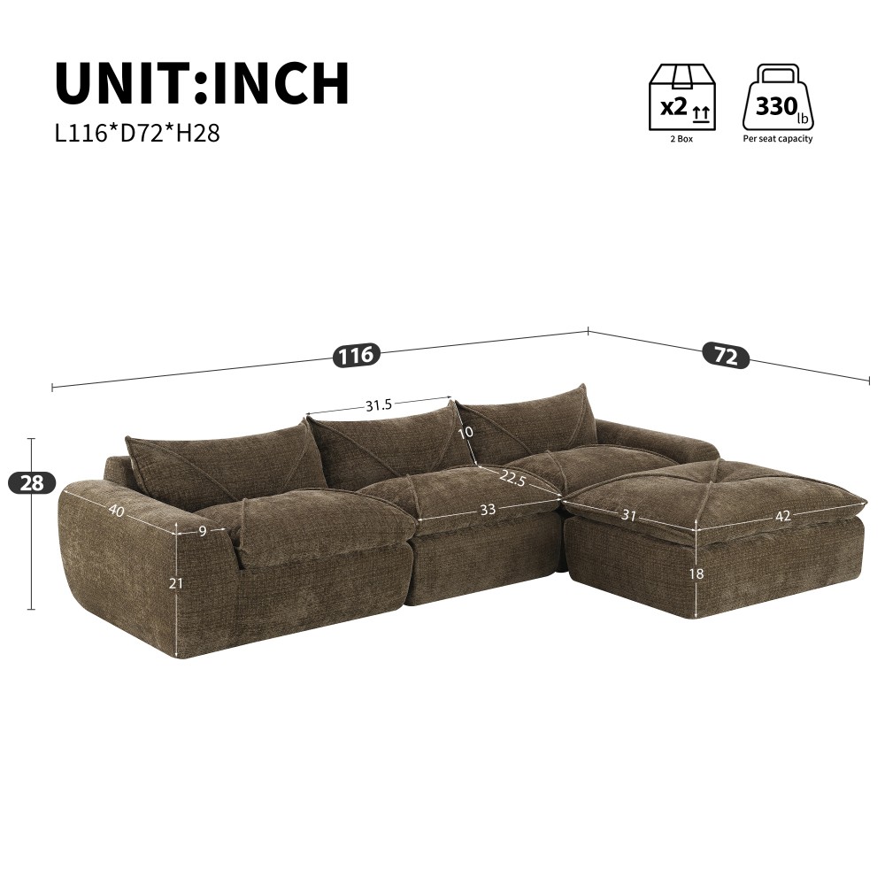 Brown Chenille 4-Seater Sectional Sofa w/Ottoman - No Assembly