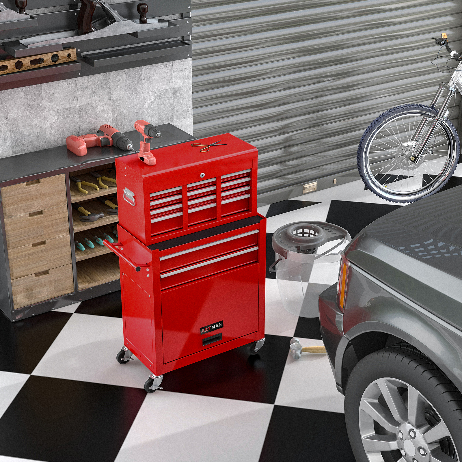 Rolling Tool Box with Wheels and Drawers, 8 Drawer Tool Storage Cabinet