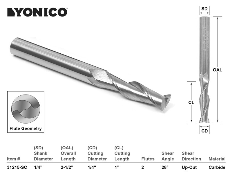 1/4" Dia. Upcut Spiral End Mill CNC Router Bit - 1/4" Shank - Yonico 31215-SC