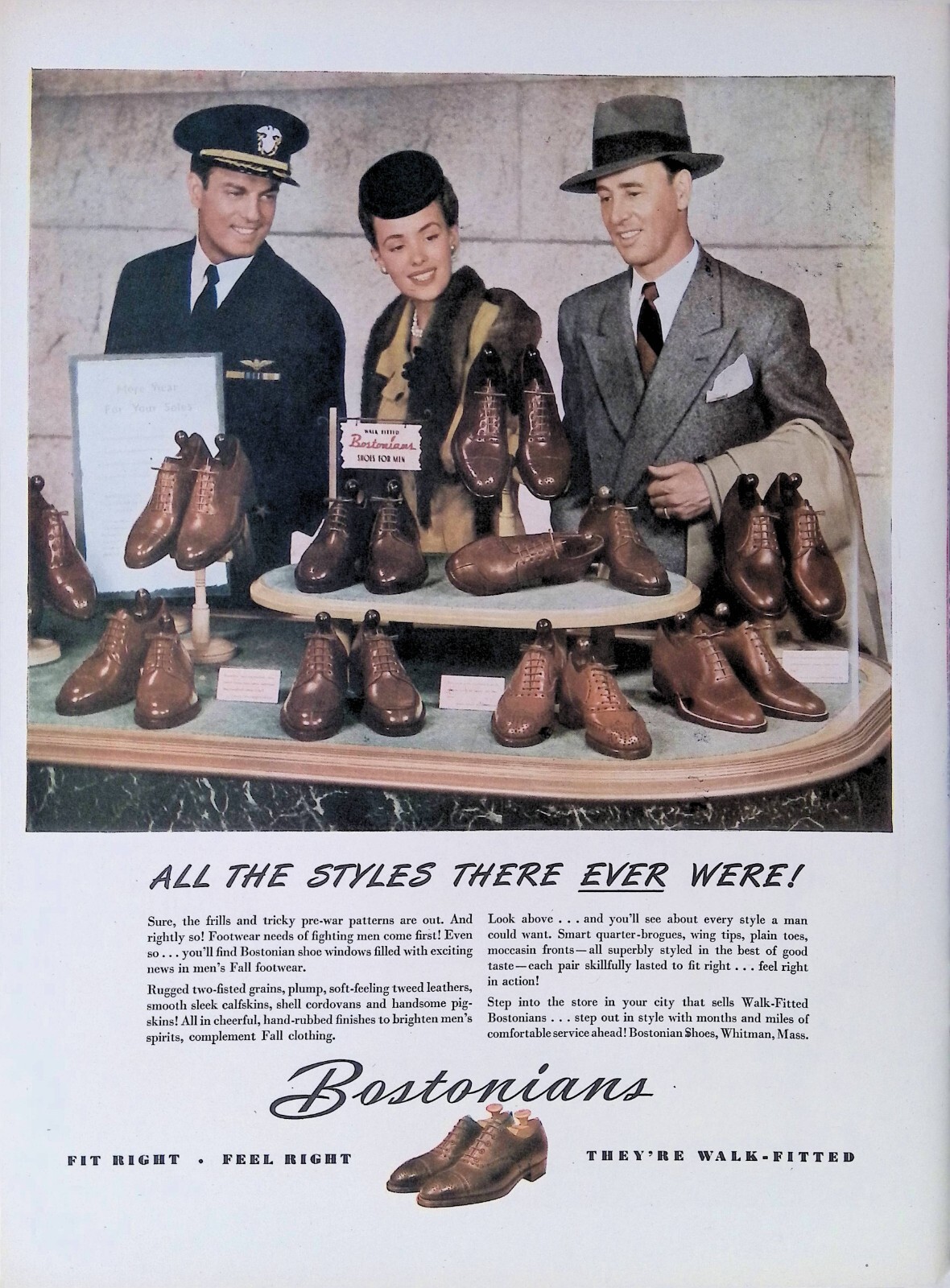 Print Ad 1940's Bostonian Mens Shoes Woman Mink Men Hats Pilot